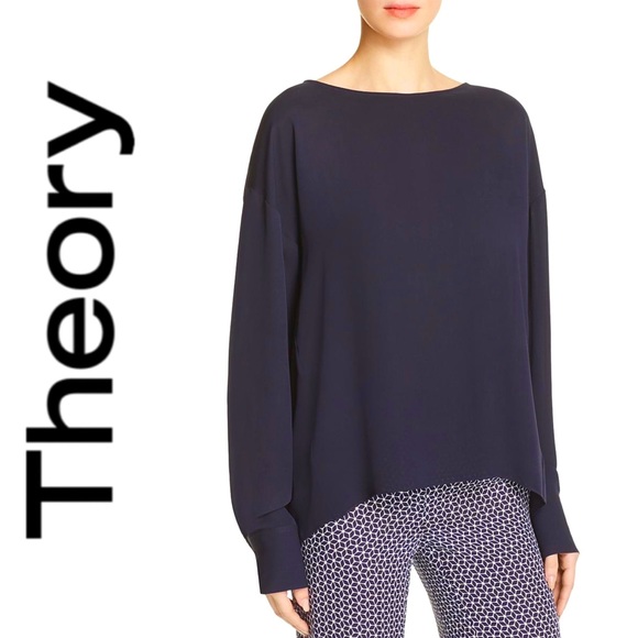 Theory Jarthstin Womens Silk Open Split Back Blouse Top Shirt Long Sleeves Navy - Picture 2 of 14